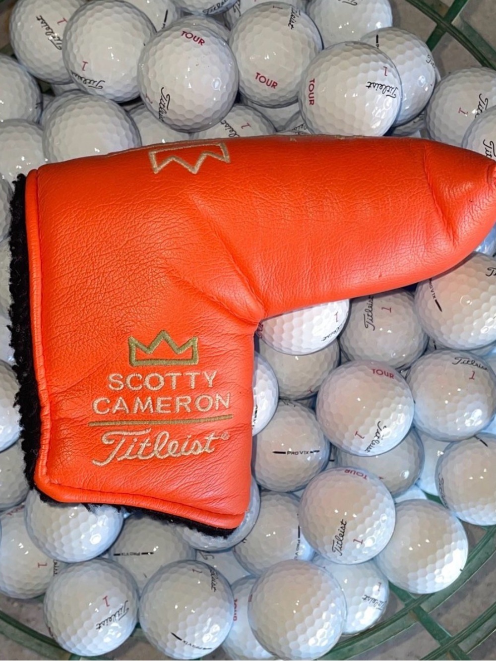 Scotty Camron Titleist Orange Leather Putter Headcover with Gold Embroidery